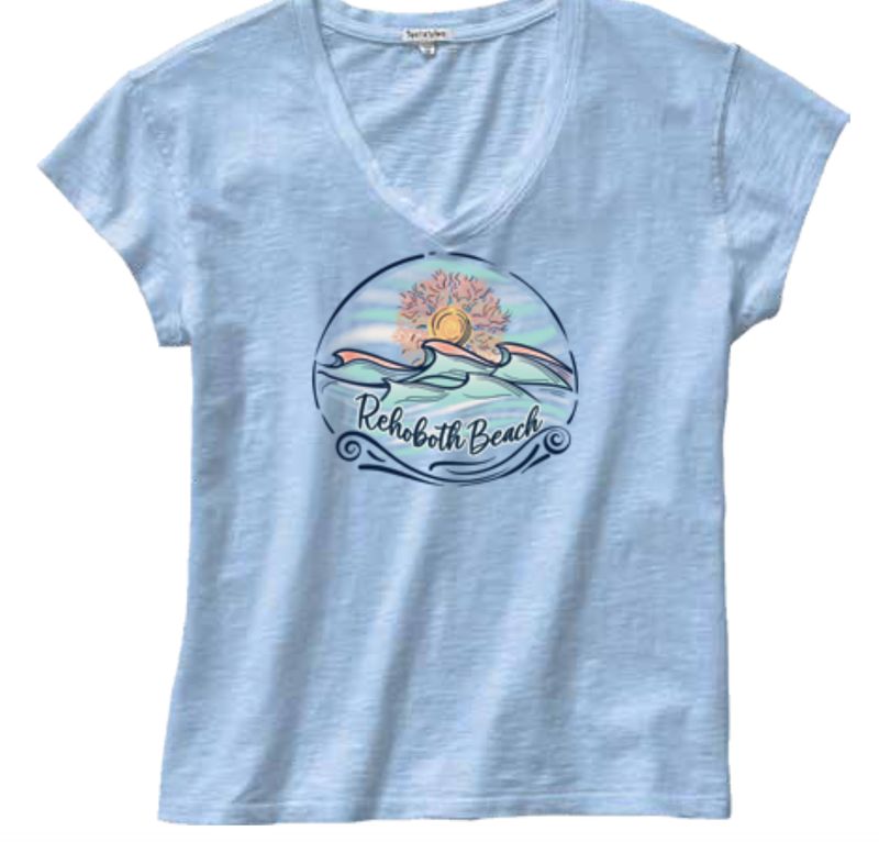 WOMENS PIGMENT DYED ABOBE BEACH VNECK SS TEE