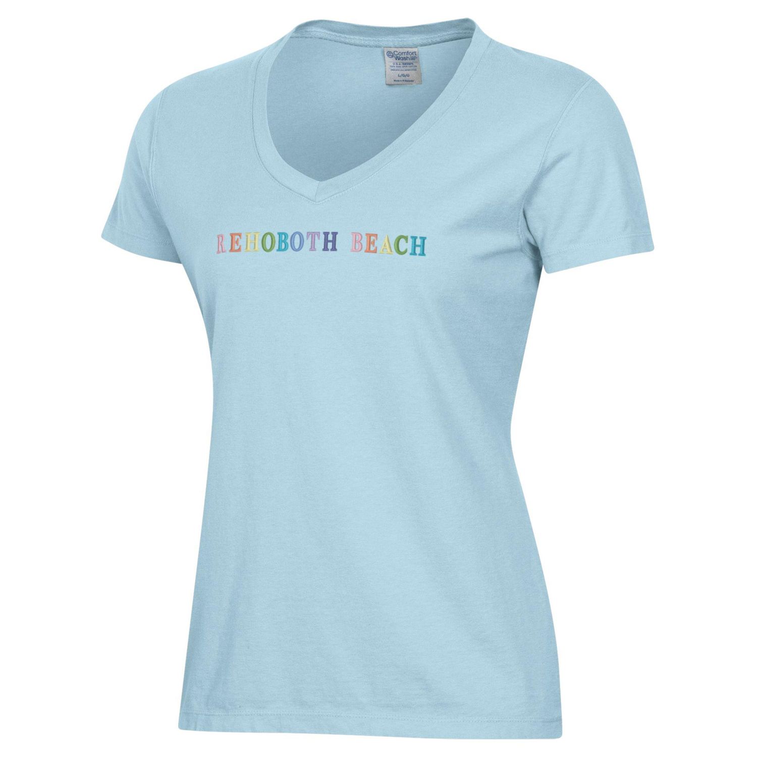 WOMENS EMBROIDERED VNECK SS TEE, Color: POWDER CANDYCOATED, Size: S