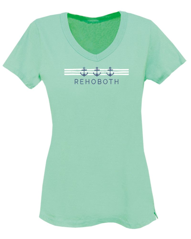 WOMENS ANCHOR STRIPE VNECK TEE, Color: JADE, Size: S