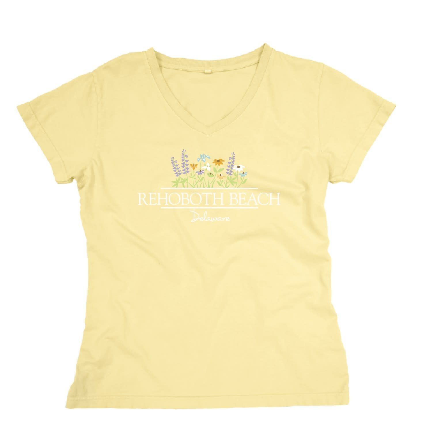 WOMENS ALL SPICE FLOWER EMB VNECK TEE