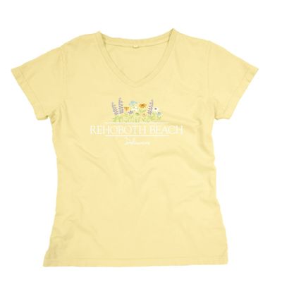 WOMENS ALL SPICE FLOWER EMB VNECK TEE