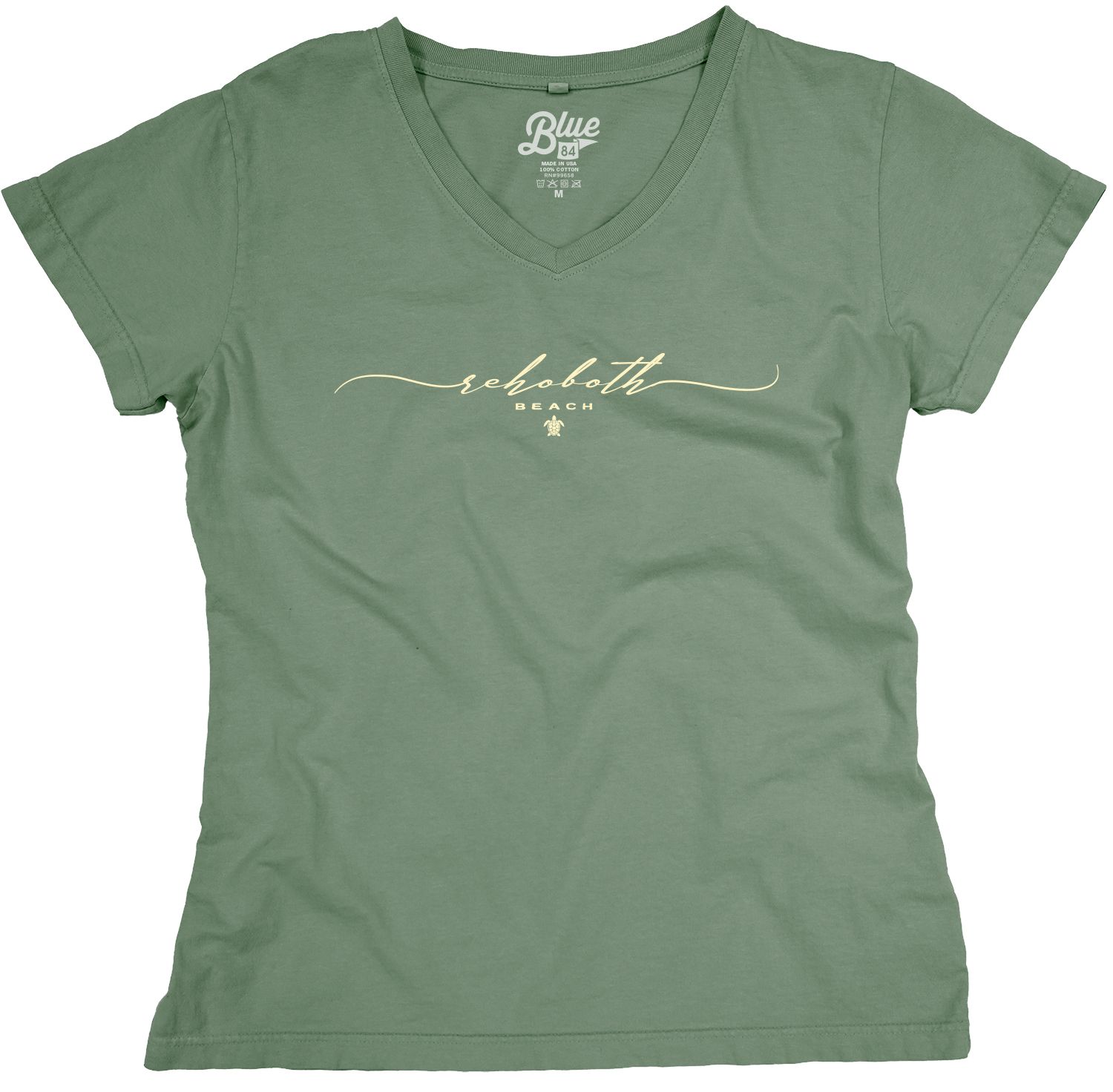 WOMENS EMBROIDERED SCRIPT TURTLE VNECK TEE, Color: AGAVE, Size: S