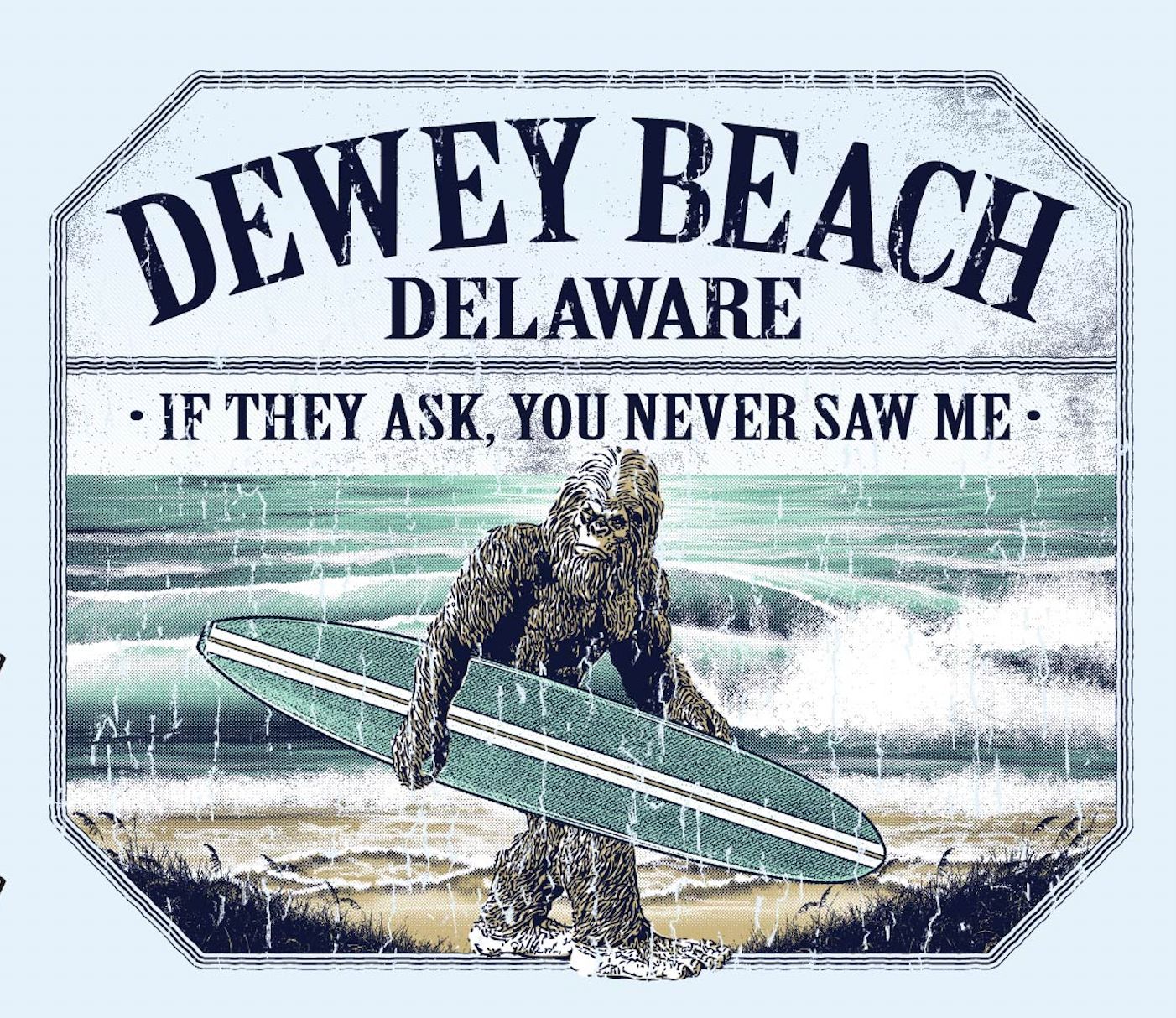 DEWEY BEACH STICKER SURFING SASQUATCH