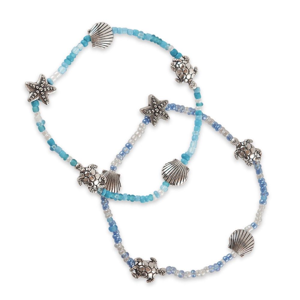 STRETCHY BEADED ANKLET SEASHELL TURTLE ADJUSTABLE