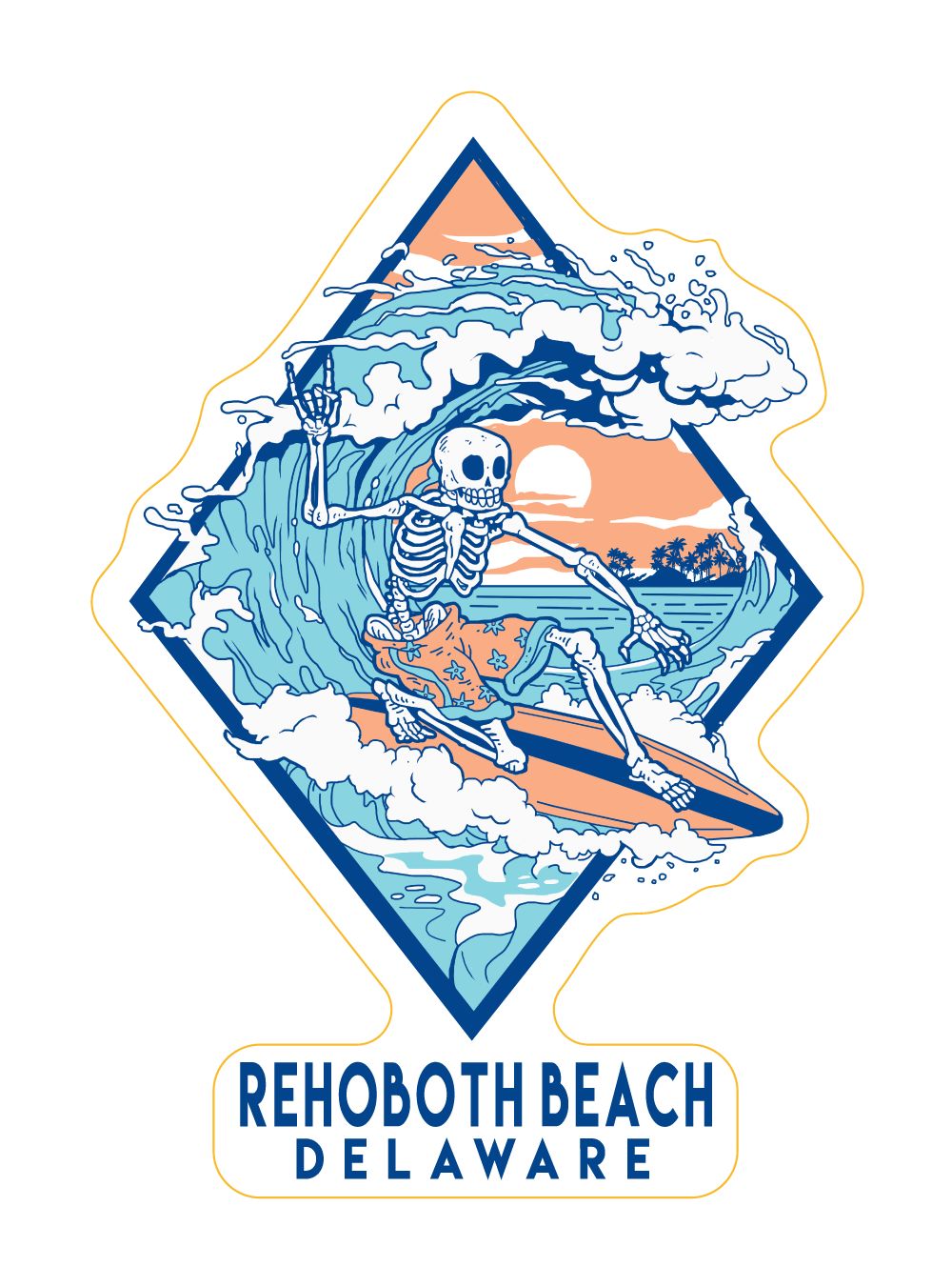 BEACH STICKER SURFING SKELETON