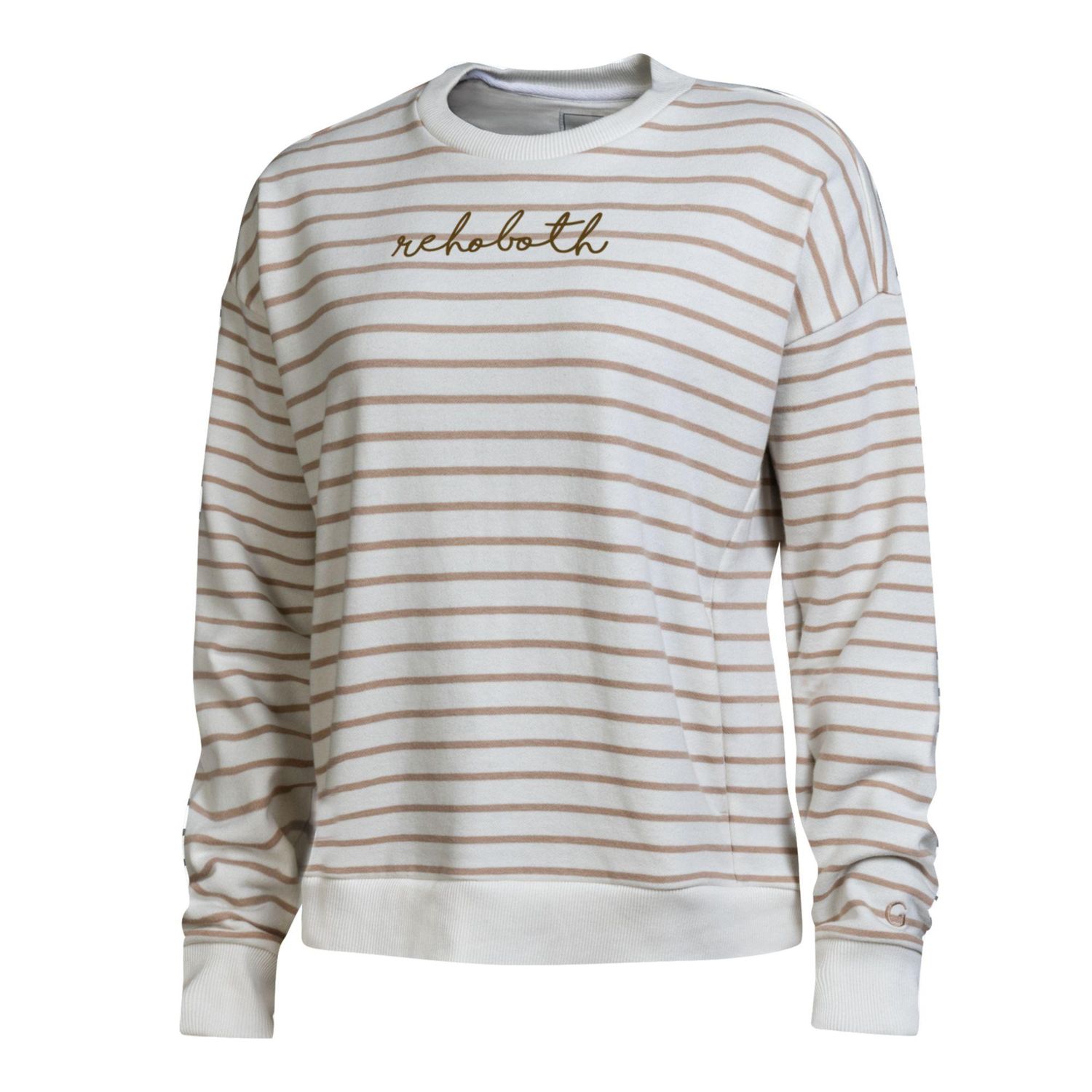 WOMENS EVERLEE STRIPE EMBROIDERED CREWNECK, Color: LATTE, Size: S