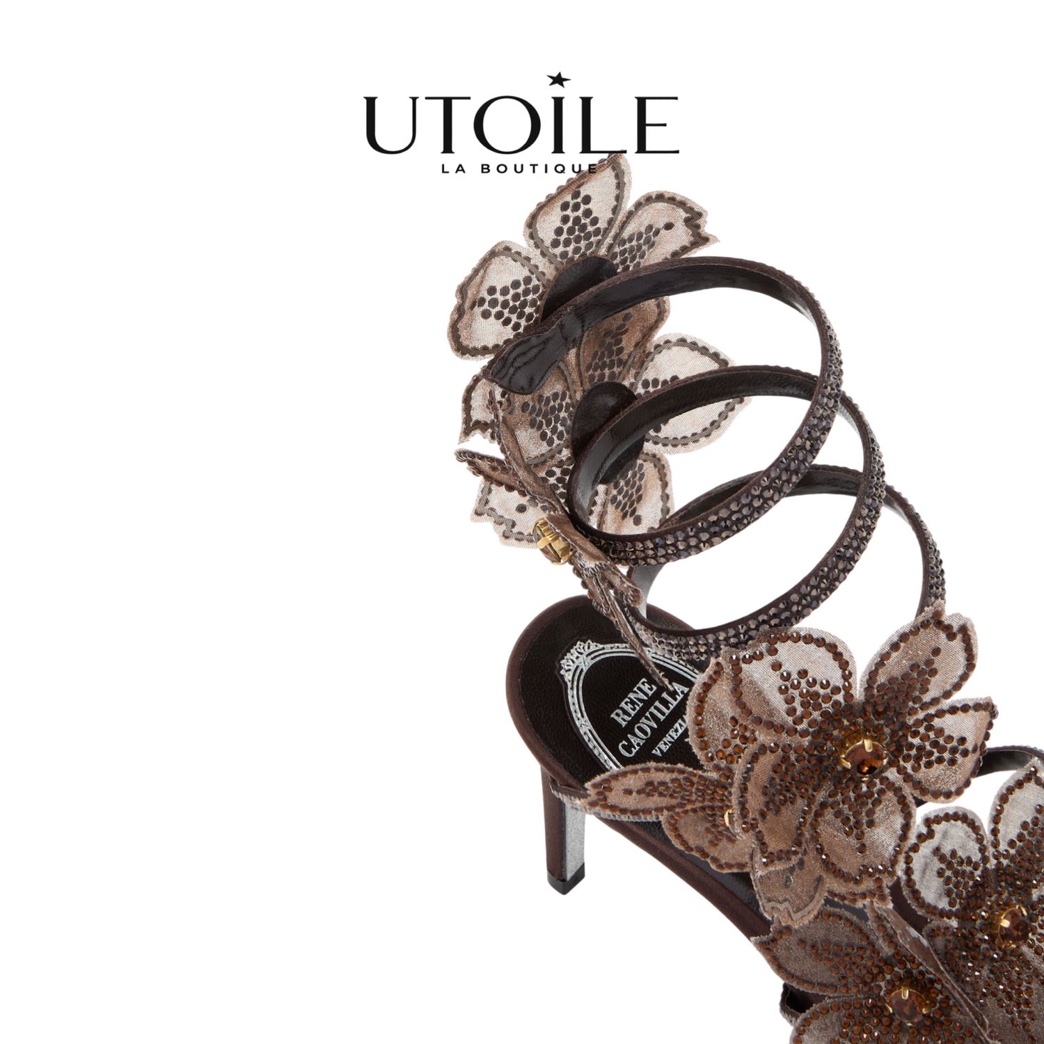 Rene Caovilla Peach Flower Chocolate Sandal 80