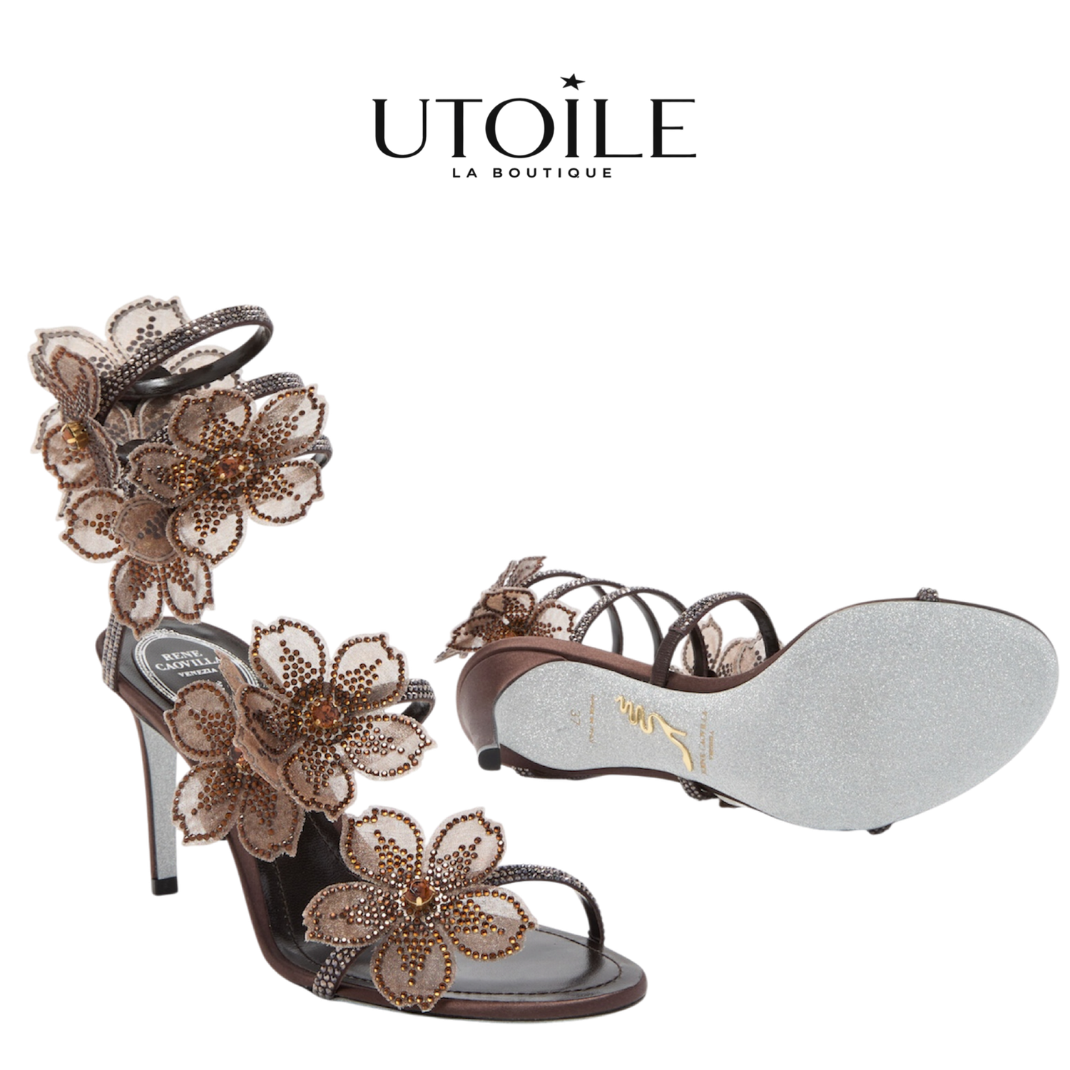 Rene Caovilla Peach Flower Chocolate Sandal 80