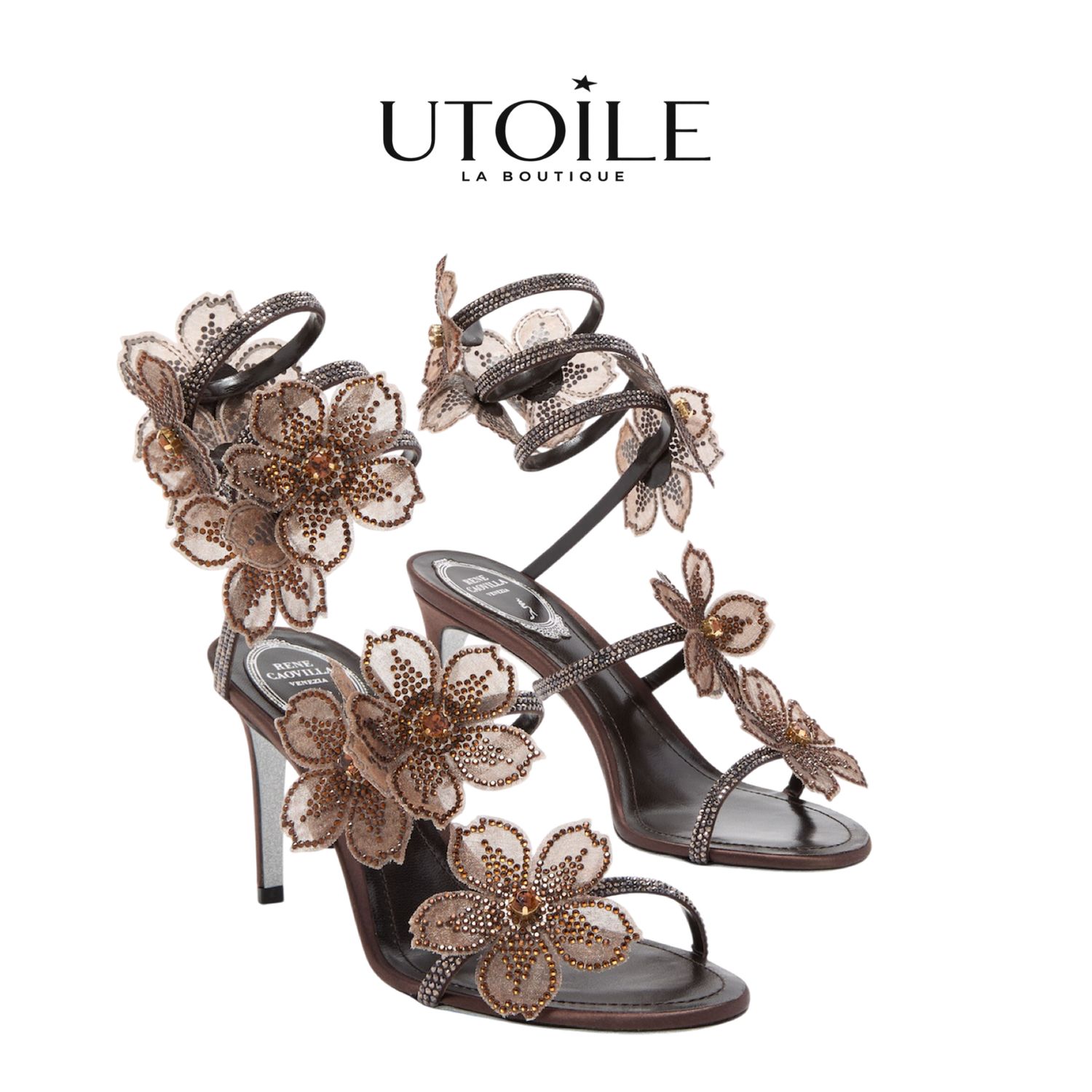 Rene Caovilla Peach Flower Chocolate Sandal 80