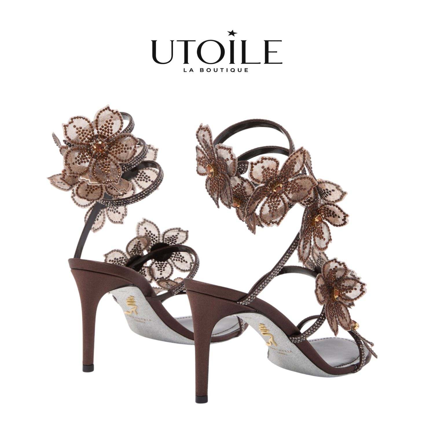 Rene Caovilla Peach Flower Chocolate Sandal 80