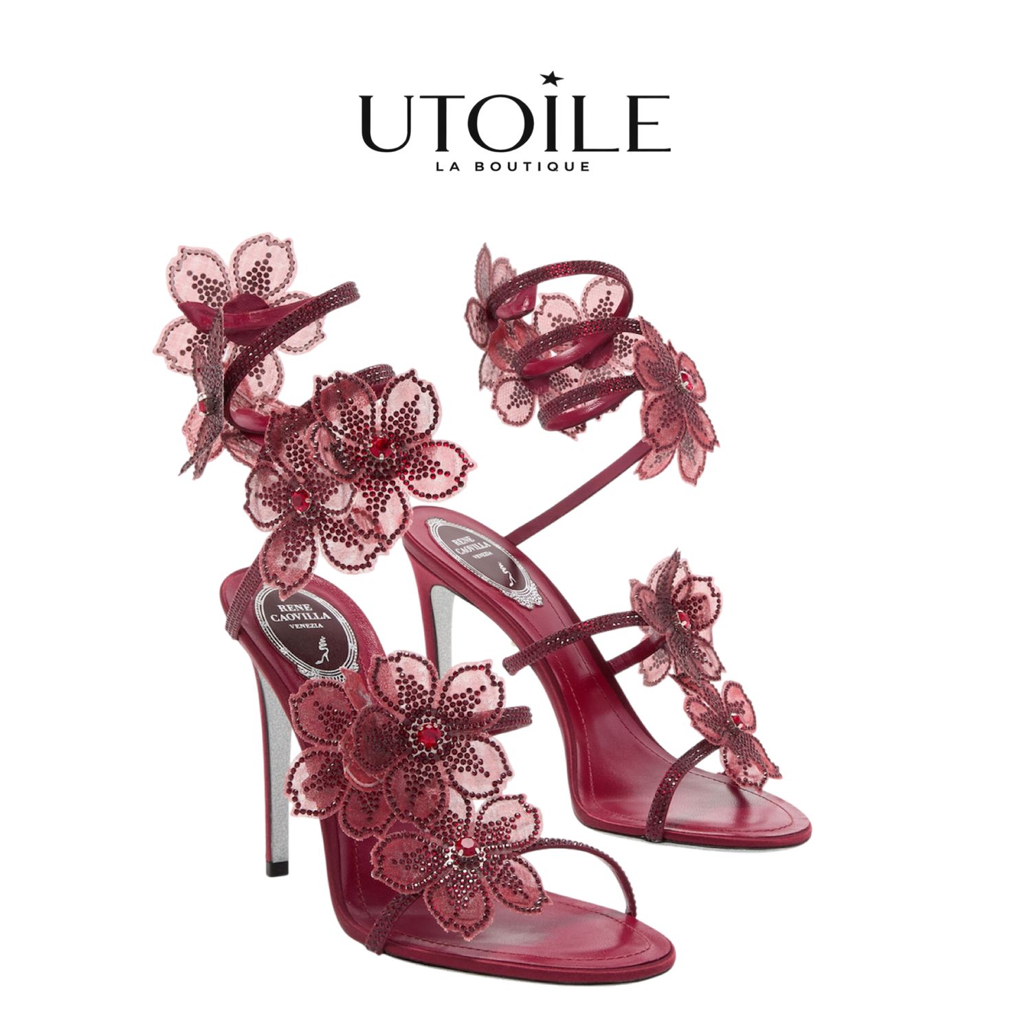 Rene Caovilla Peach Flower Burgundy Sandal 105