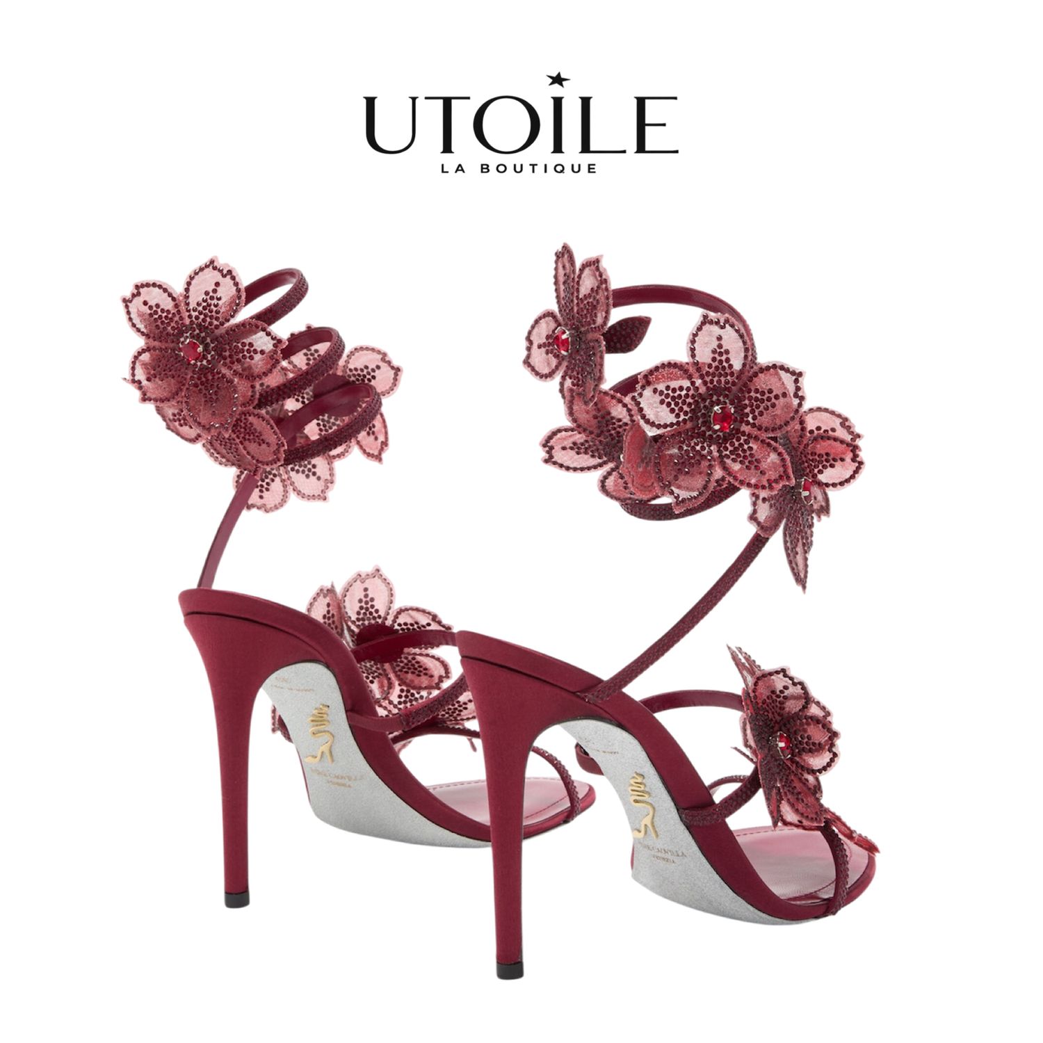 Rene Caovilla Peach Flower Burgundy Sandal 105