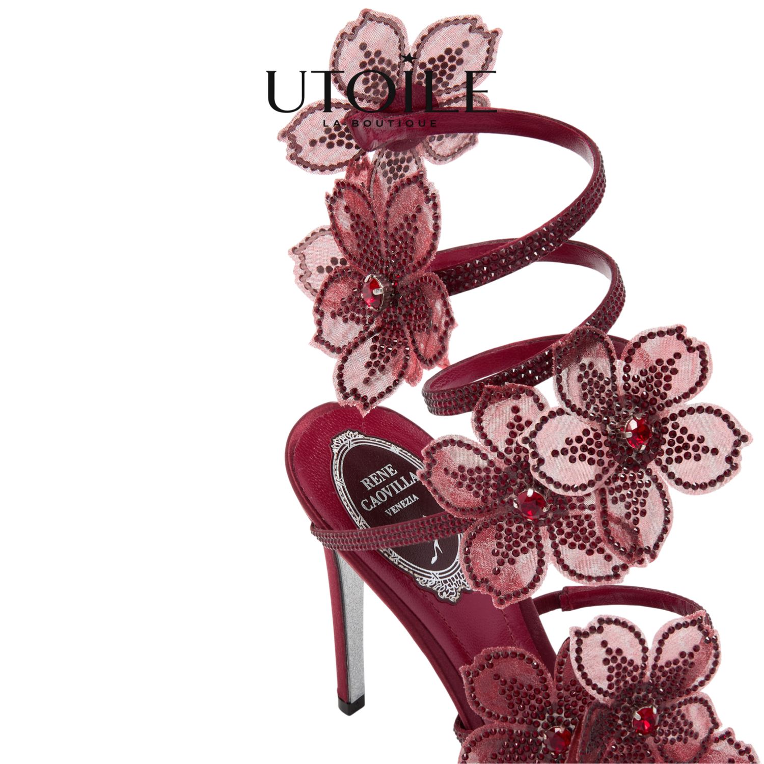 Rene Caovilla Peach Flower Burgundy Sandal 105