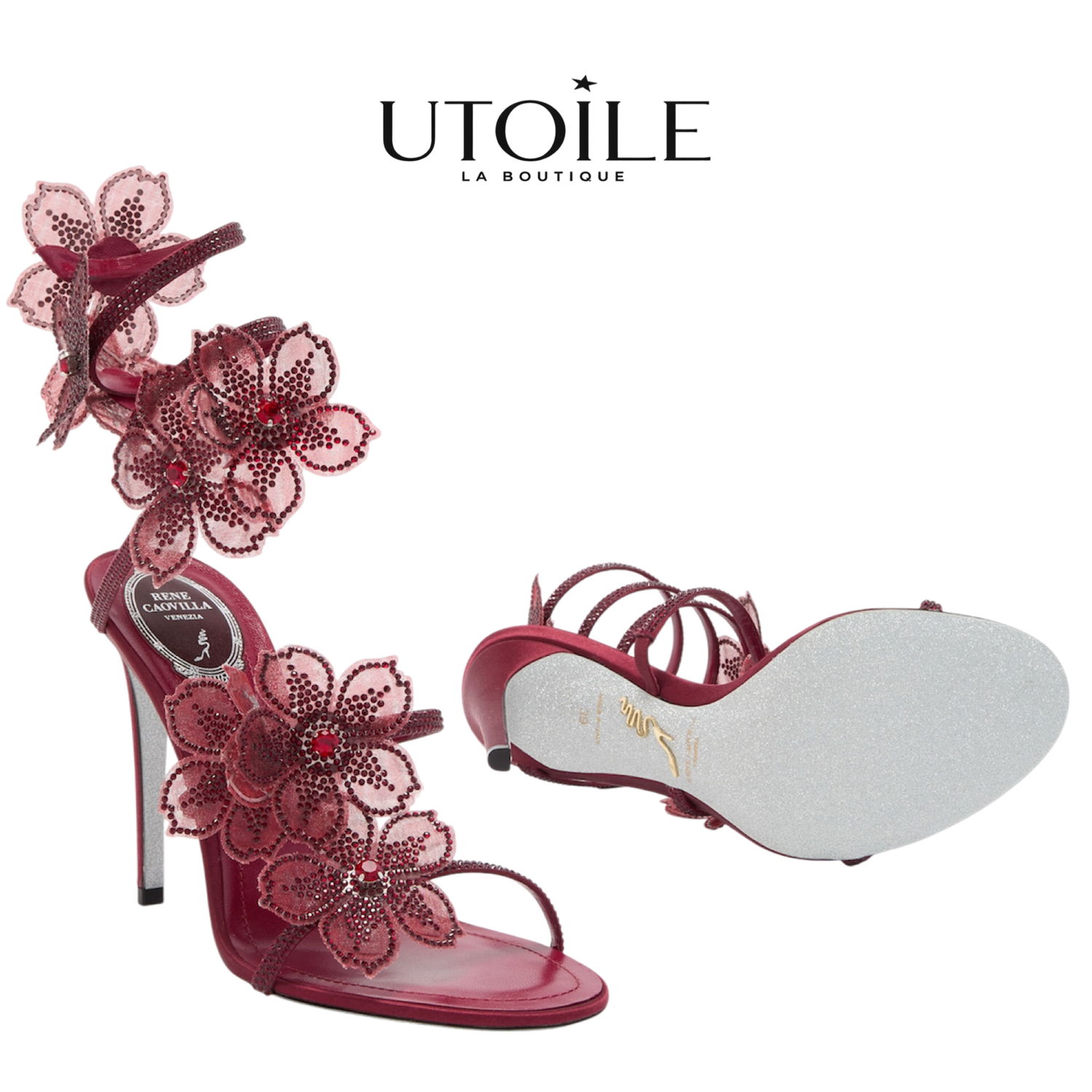 Rene Caovilla Peach Flower Burgundy Sandal 105