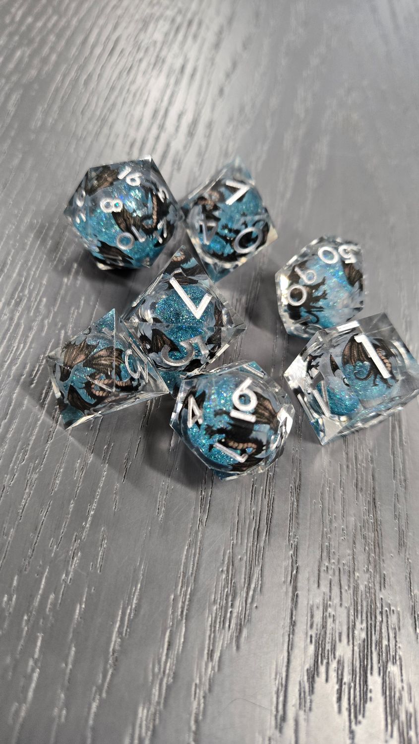 Stash's Special - Liquid Filled 7 Piece Dice Set, Style: Blue Dragon Themed