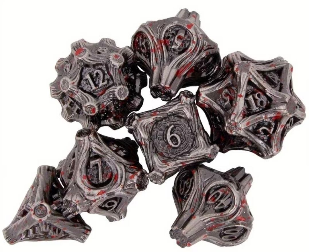 Stash's Special - Solid Metal 7 Piece Dice Set, Style: Woodgrain Blood Drop