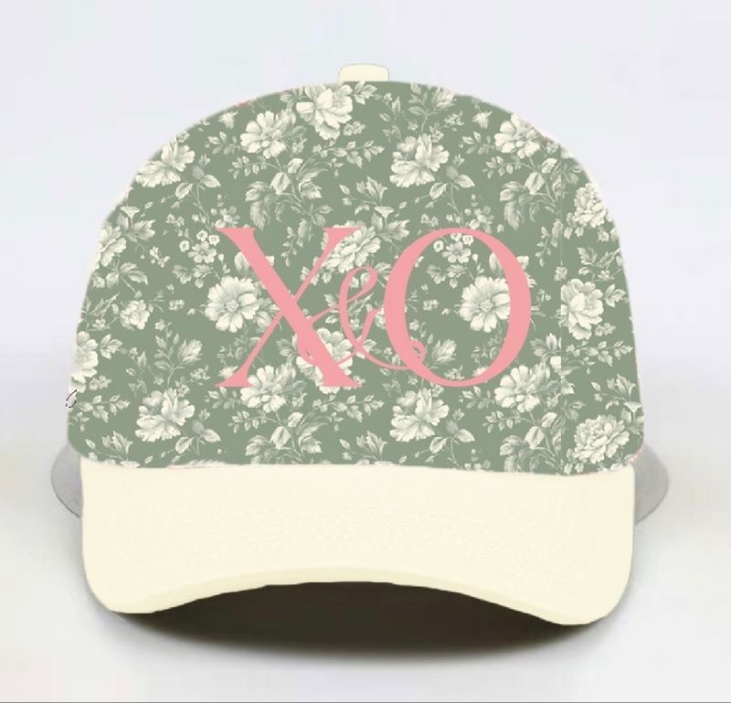 XO "floral front, natural brim, pink embroidery"