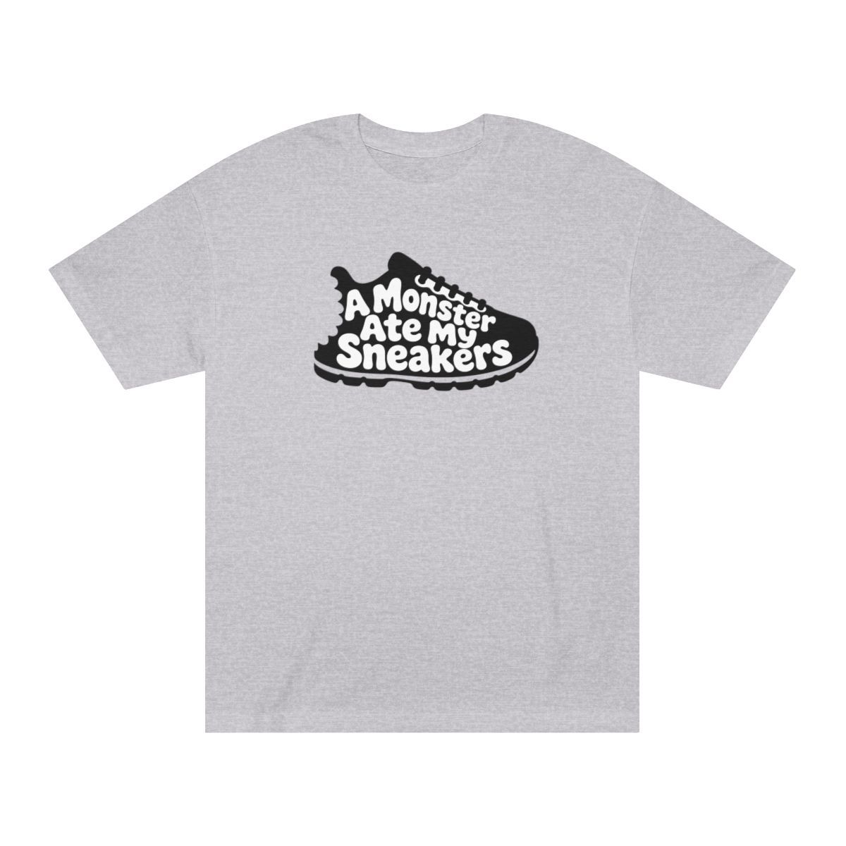 Black sneaker white print on heather gray tee