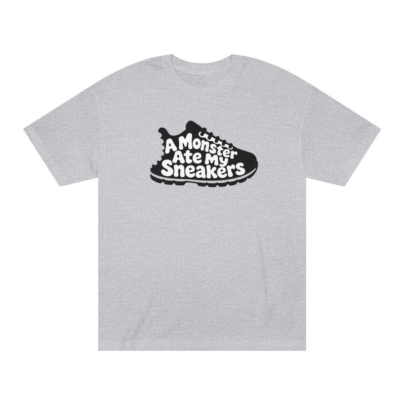 Black sneaker white print on heather gray tee