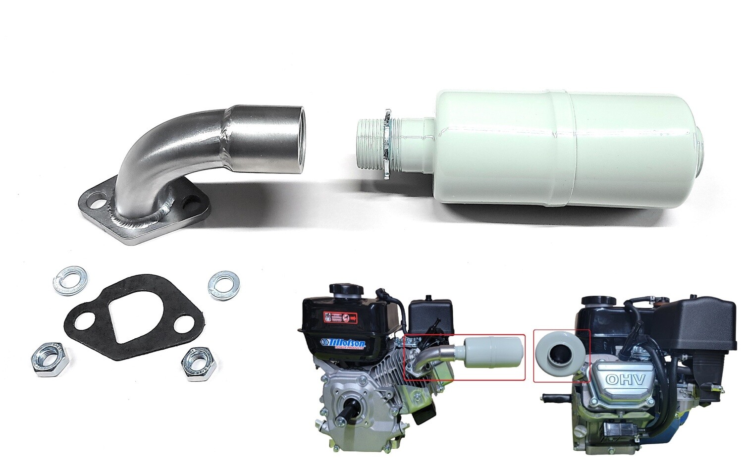 Short low profile Exhaust for tillotson 212, Predator 212cc, Honda GX160 GX200