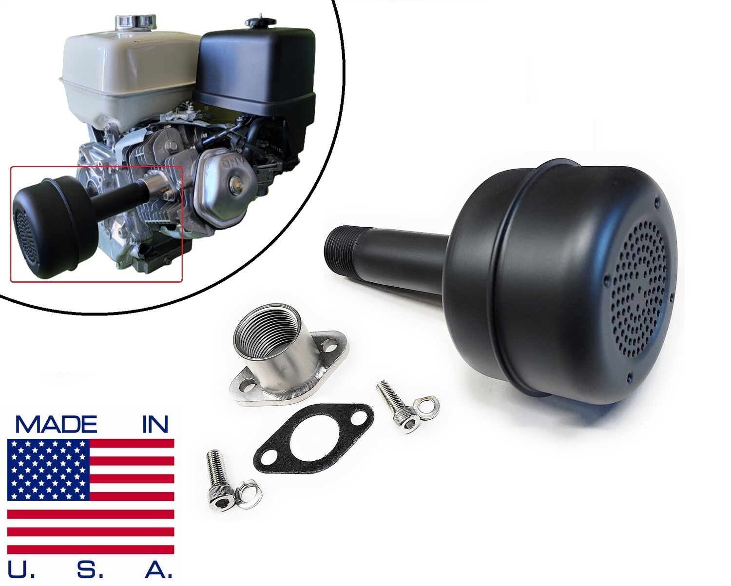 Straight Muffler with SS adapter for Predator 301cc &amp; 420cc, Honda GX240, Honda GX270, Honda GX390