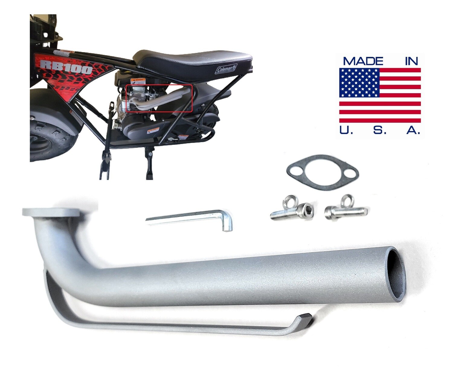 Exhaust Header for Coleman RB100 105cc or Realtree RT100 105cc Mini bike only. LF152F-3Q 3 HP 79cc, XtremepowerUS 80CC, MotoTec 105cc