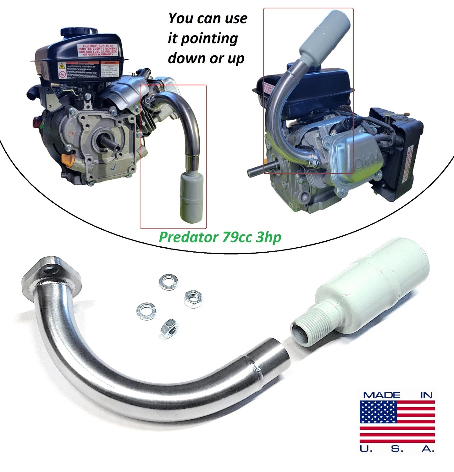 J Exhaust with Muffler for Predator 3HP 79cc from Harbor Freight Tool.