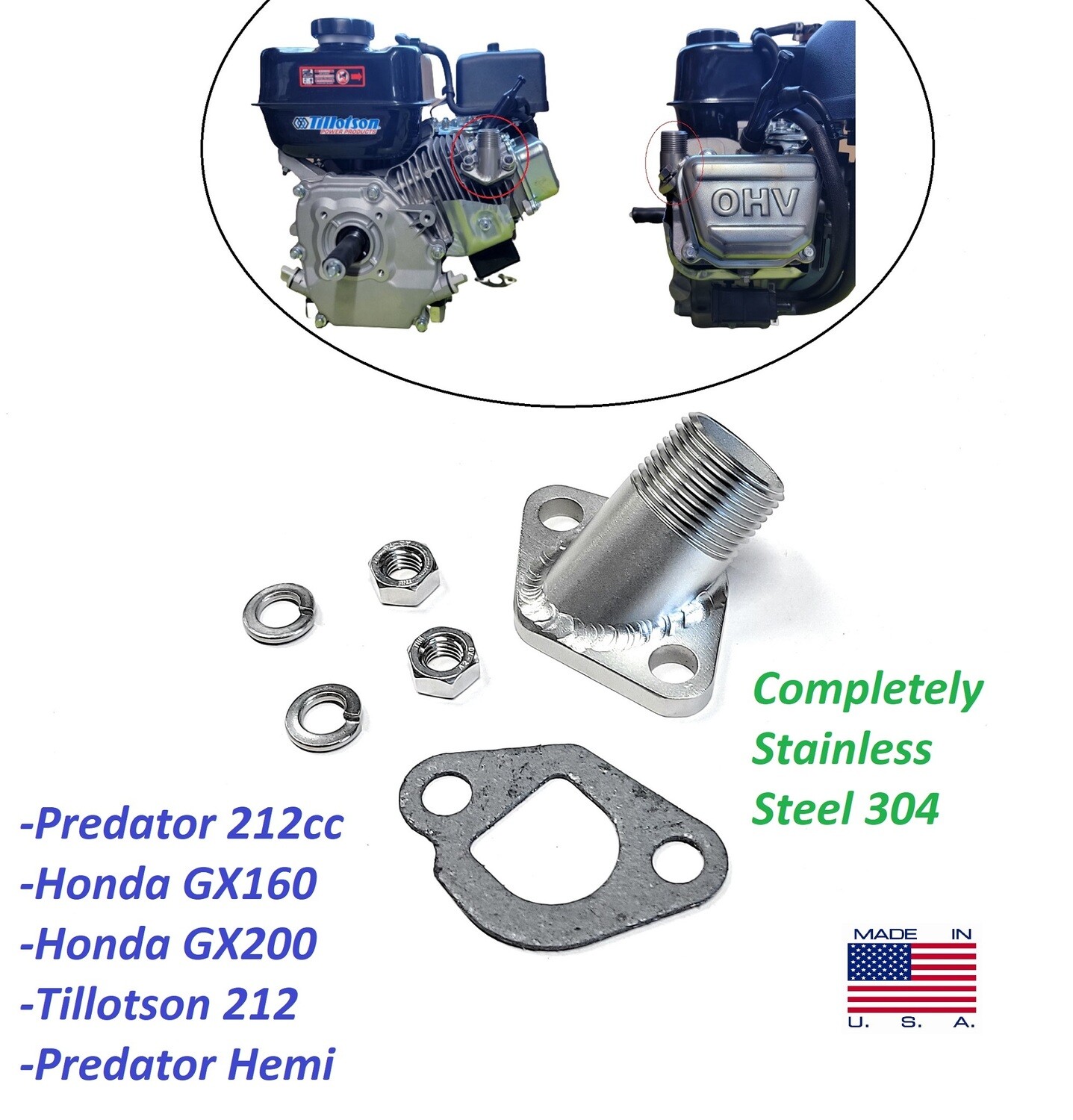EXHAUST ADAPTER FOR PREDATOR 212cc HARBOR FREIGHT NPT 3/4 MALE THREADED, Honda GX160, Honda GX200, Tillotson 212