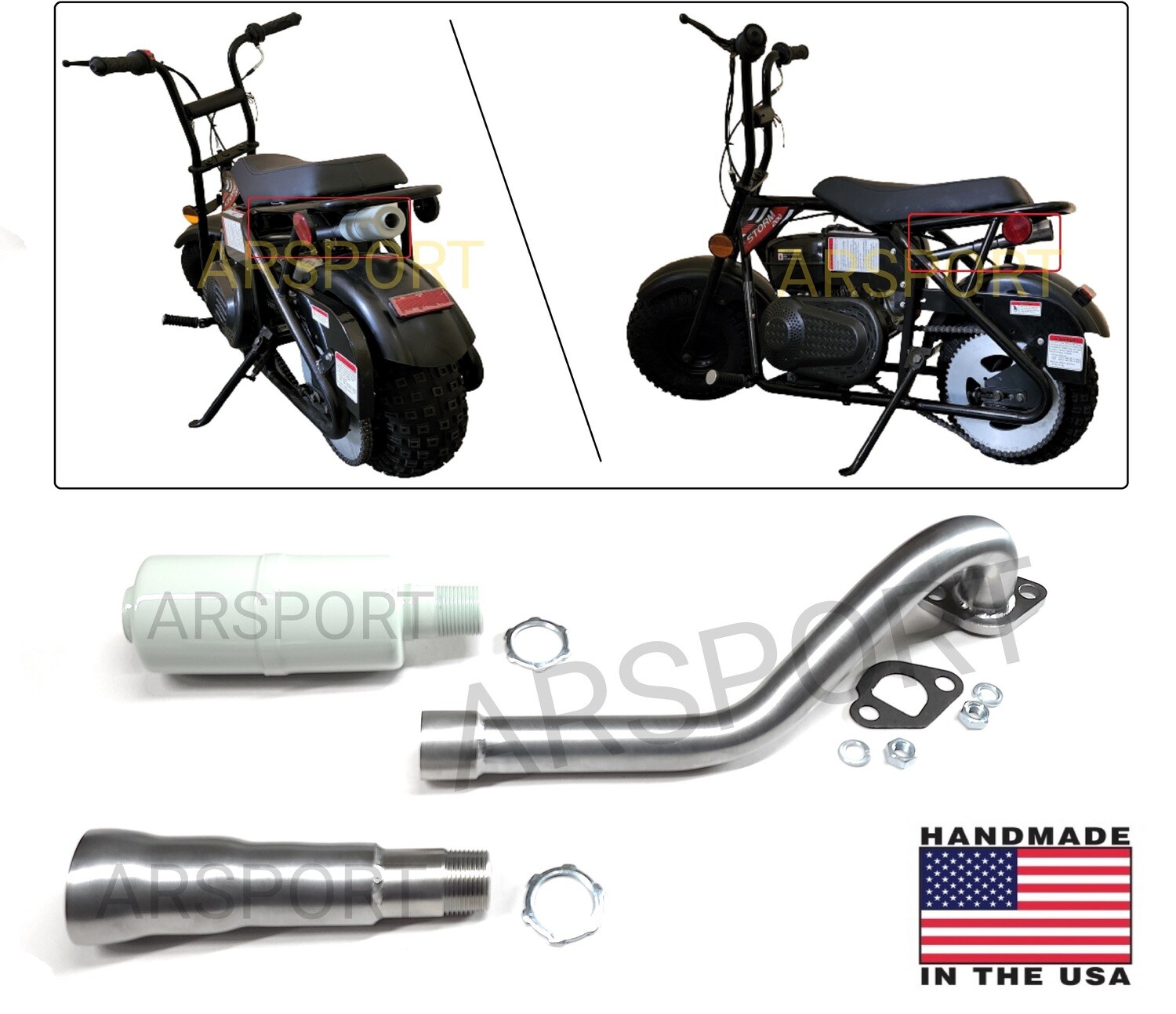 Center Exhaust Header tip / Muffler for TrailMaster Storm 200 Minibike, USA Made