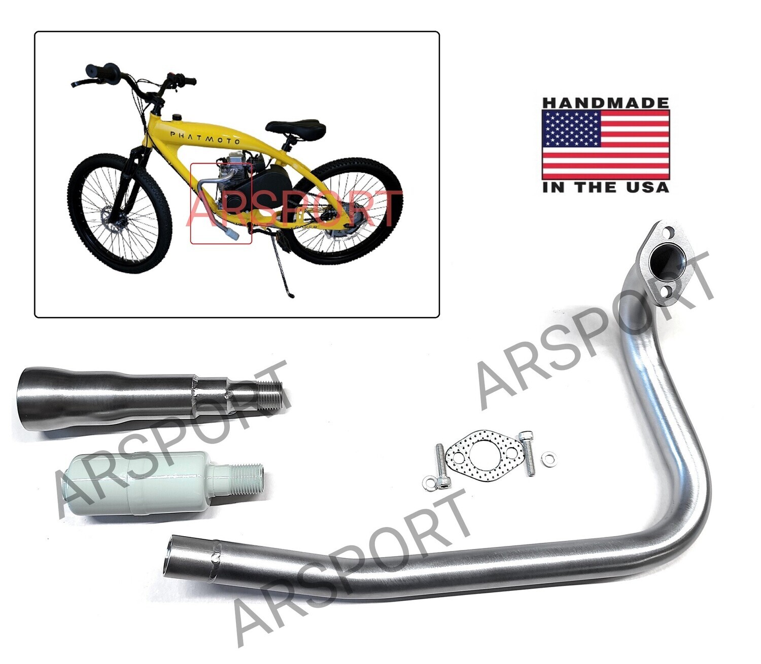 Exhaust muffler / Header Phatmoto Rover Motorized bicycle. ALL TERRAIN Fat Tire