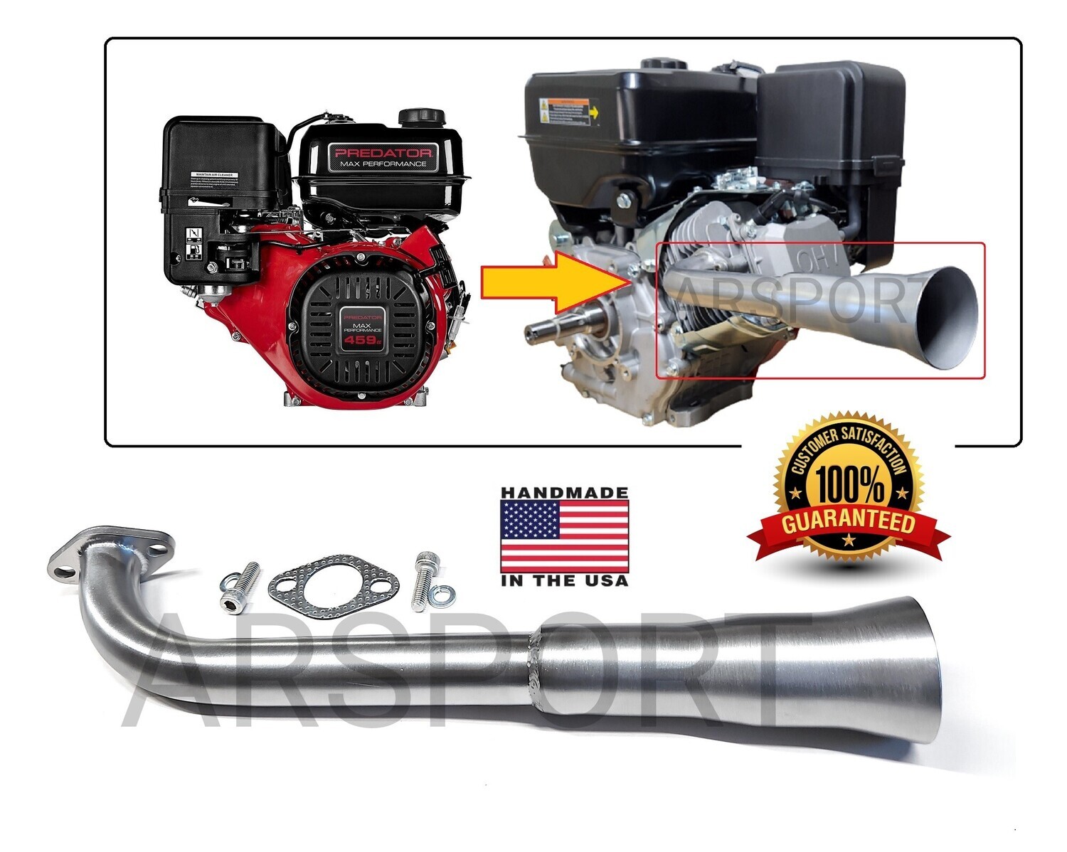 Header Exhaust Pipe compatible with Predator Max 459cc, Duroma 18hp, 16hp, XP16HPE, XP18HPE Go Kart &amp; mini bikes.