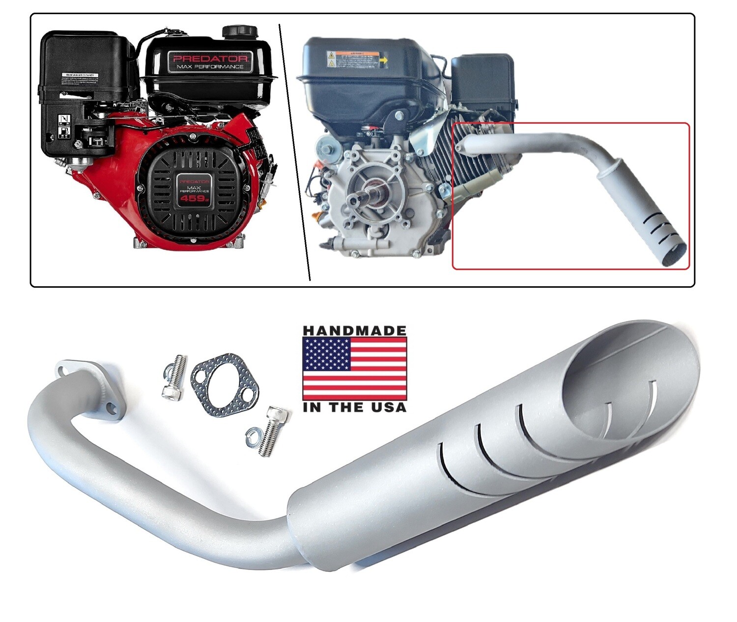 Exhaust Header pipe for: Predator Max 459cc from Harbor Freight tools.