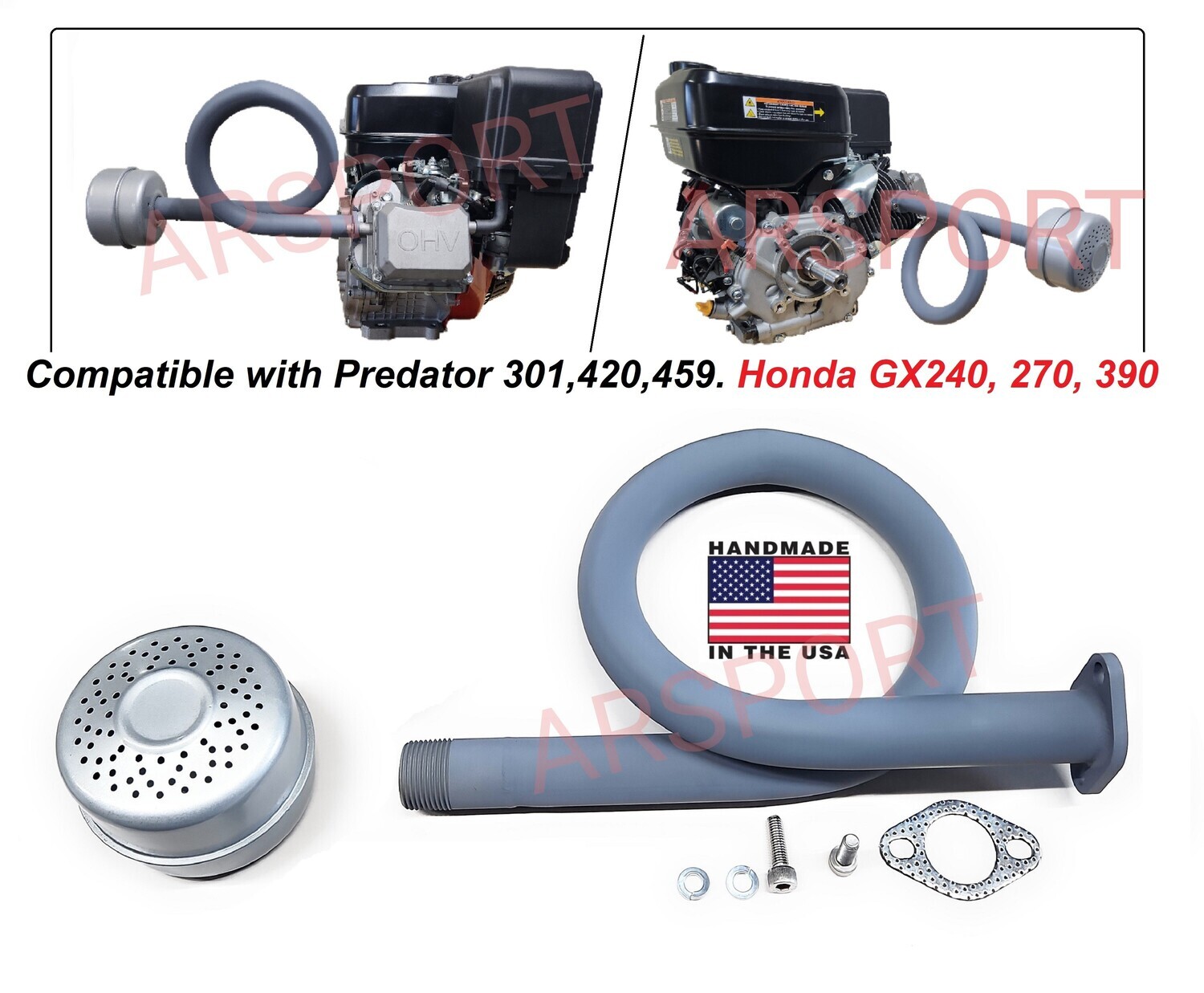 Loop Exhaust Muffler for mud Boat. Predator 301, 420, 459cc. Honda GX240, 270, 390