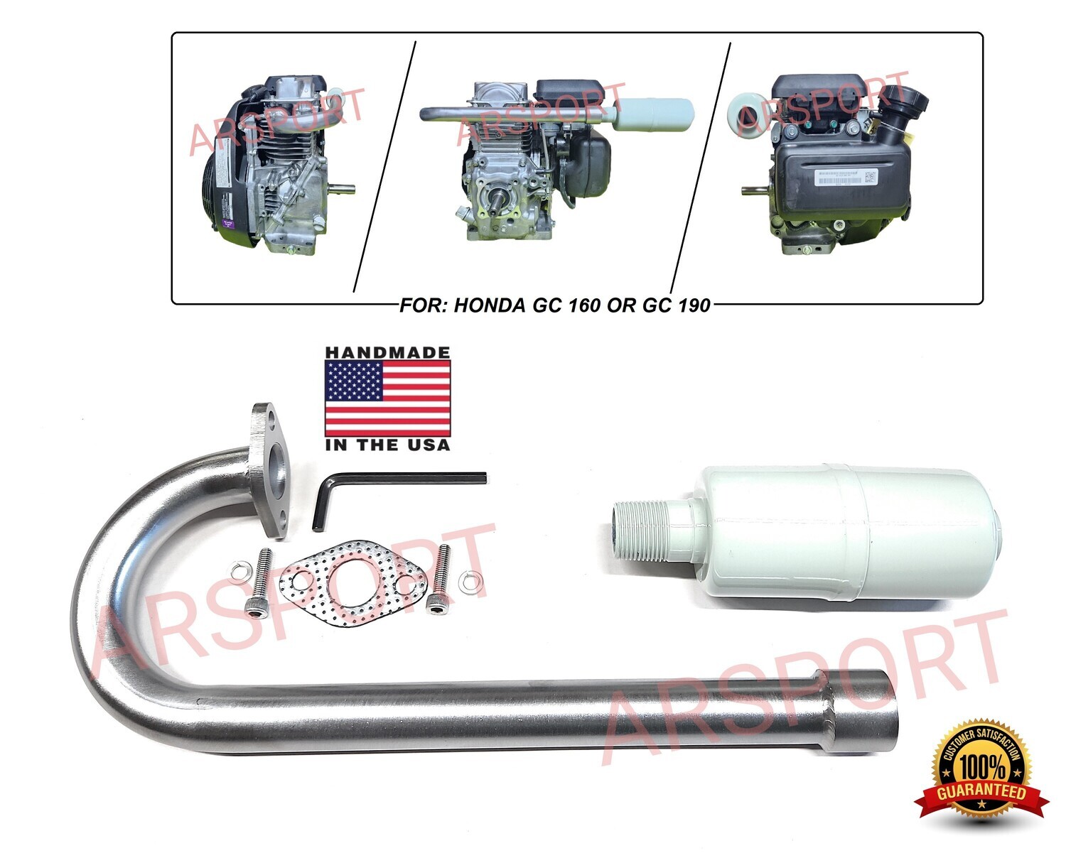 Honda GC160 / Honda GC190 Exhaust Muffler pointing back 19&quot; total length.