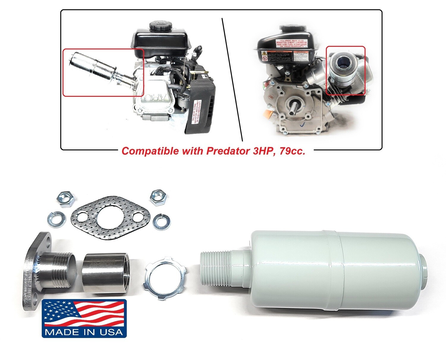 Straight Exhaust With Muffler for: Predator 79cc 3HP