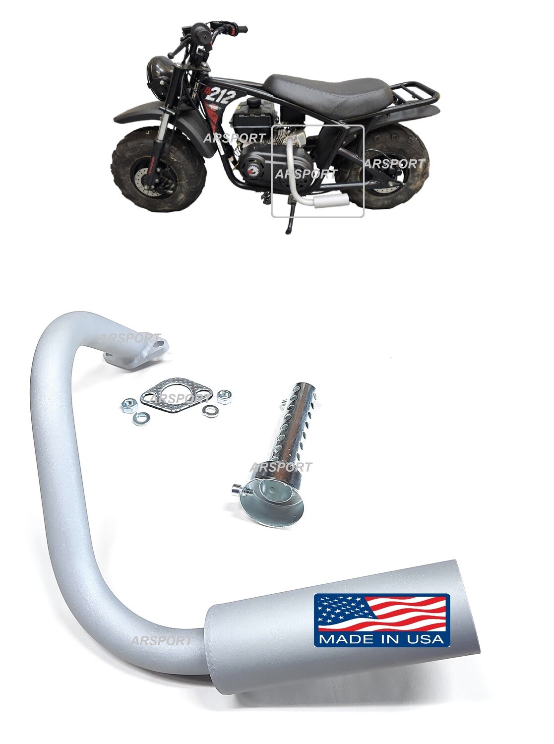 Exhaust Header/Muffler for minibikes 196cc-224cc Torque converter compatible. sandblasting ready!