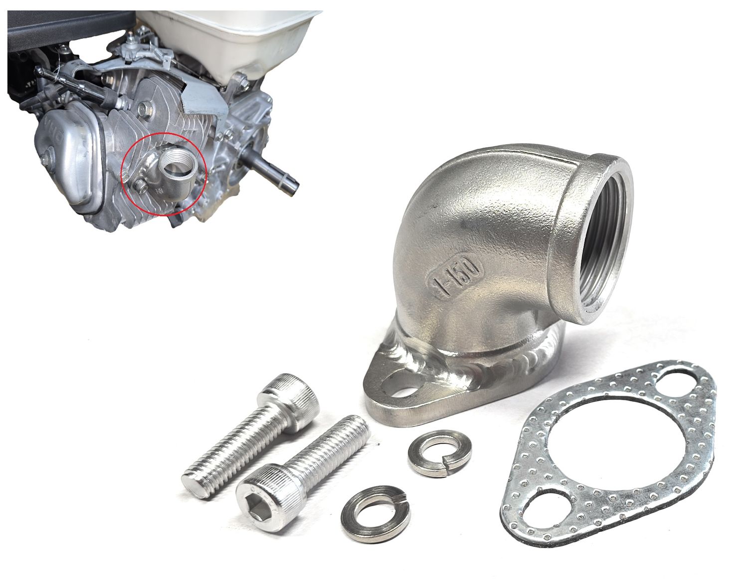Stainless steel elbow upwards 1&quot; NPT thread for exhaust port : Predator 301, 420. Honda GX 240, 270, 390.
