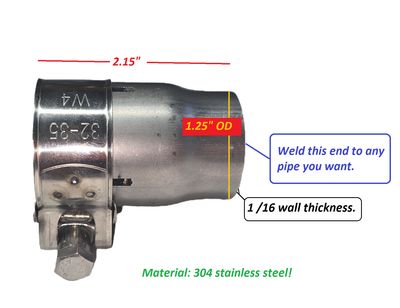 304 Stainless Steel Weld-On Slip-On Adapter for 1.25" OD Tube, Short Coupler, 1/16" Wall Thickness, One End Weldable to Another Tube, TIG Welded, Made in USA