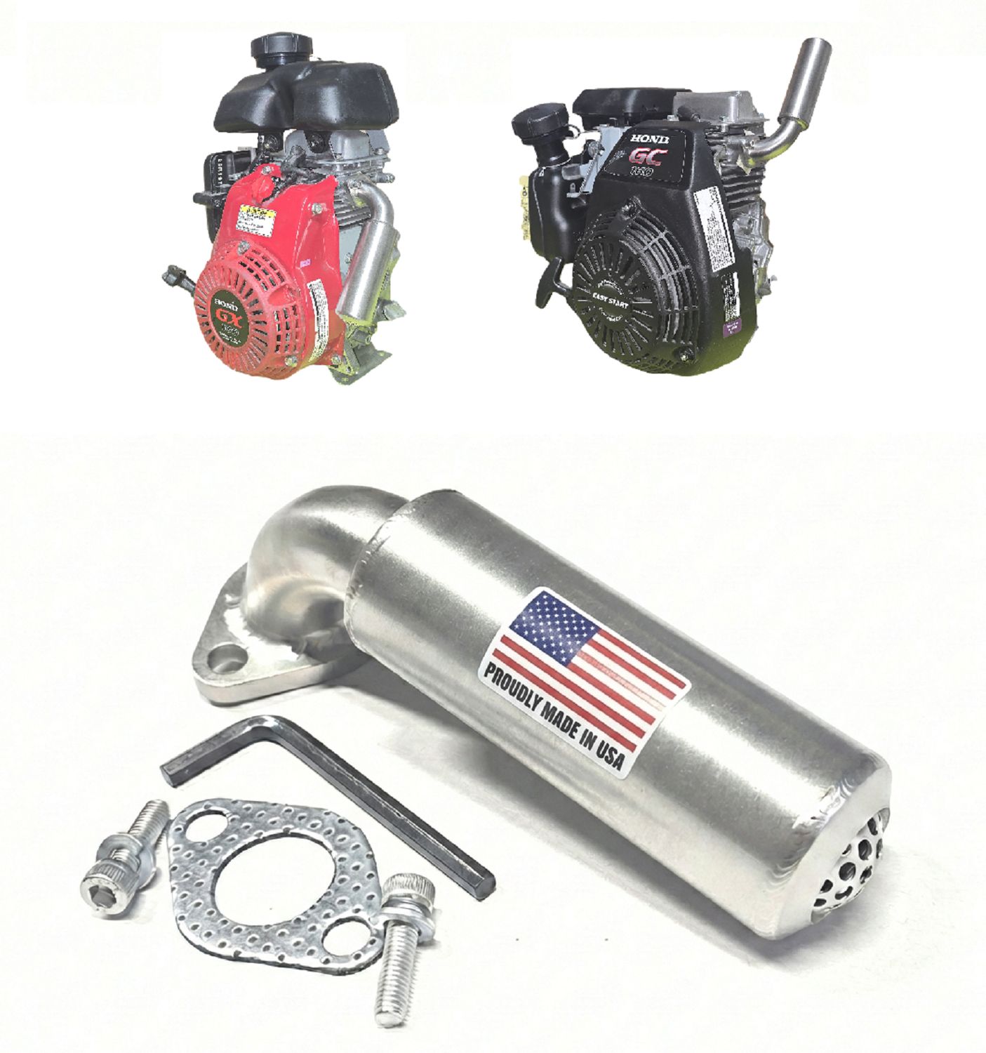 Short Low-Profile Stainless Steel Muffler for GC160/GC190 &amp; GX100 Engines – Heavy Duty, Made in USA