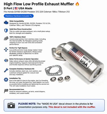 High Flow Low Profile Exhaust Muffler 🔥 D Port 🇺🇸 USA Made Fits Honda GX160 GX200 Predator 212 224 Coleman 196cc Tillotson 212