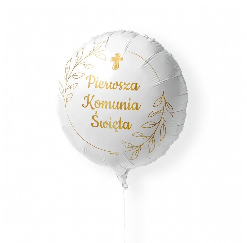 Balon Foliowy 45cm Pierwsza Komunia Święta EUROFIESTAS – Biały ze Złotym Nadrukiem