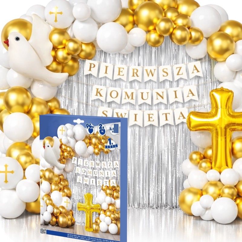 Zestaw Dekoracji na Pierwszą Komunię Świętą – Złoto, Biel i Srebro  EUROFIESTAS – Elegancki komplet balonowy z napisem i kurtyną