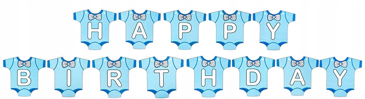 UROCZY BANER URODZINOWY "HAPPY BIRTHDAY" – NIEBIESKIE BODY Z MUSZKĄ