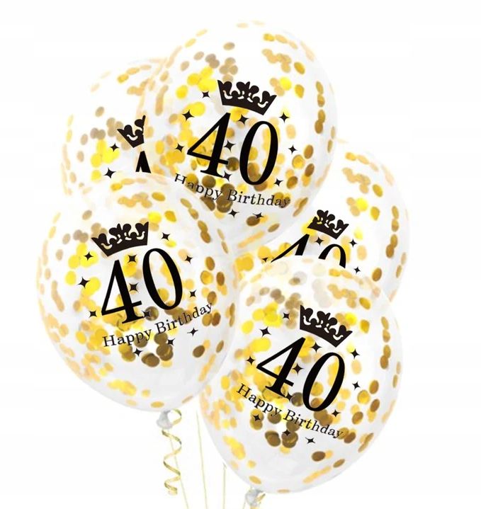 ZESTAW BALONÓW NA 40 URODZINY ZŁOTE KONFETTI 5szt 30cm BUKIET XXL KORONA