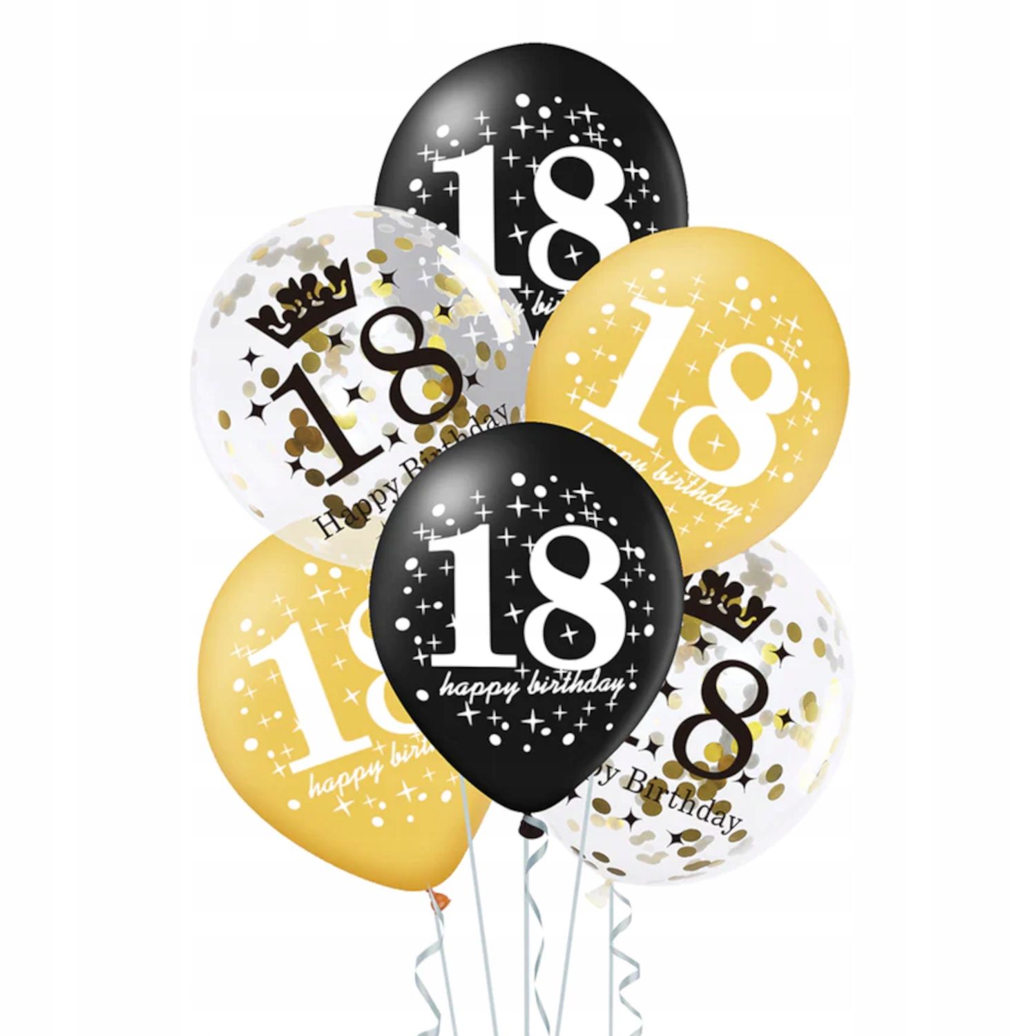 Balony na 18 Urodziny Zestaw Złoty Czarny 18-stka 15szt MIX Konfetti