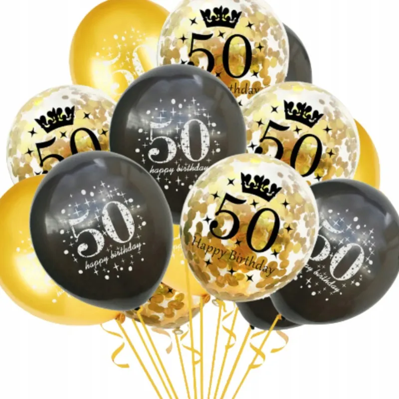 Balony 50-tka Złote Czarne z Konfetti Zestaw 15 sztuk
