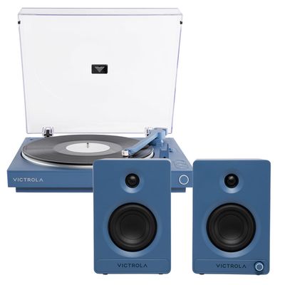 Victrola Automatic Turntable + Victrola Tempo Bookshelf Speakers Bundle - Blue