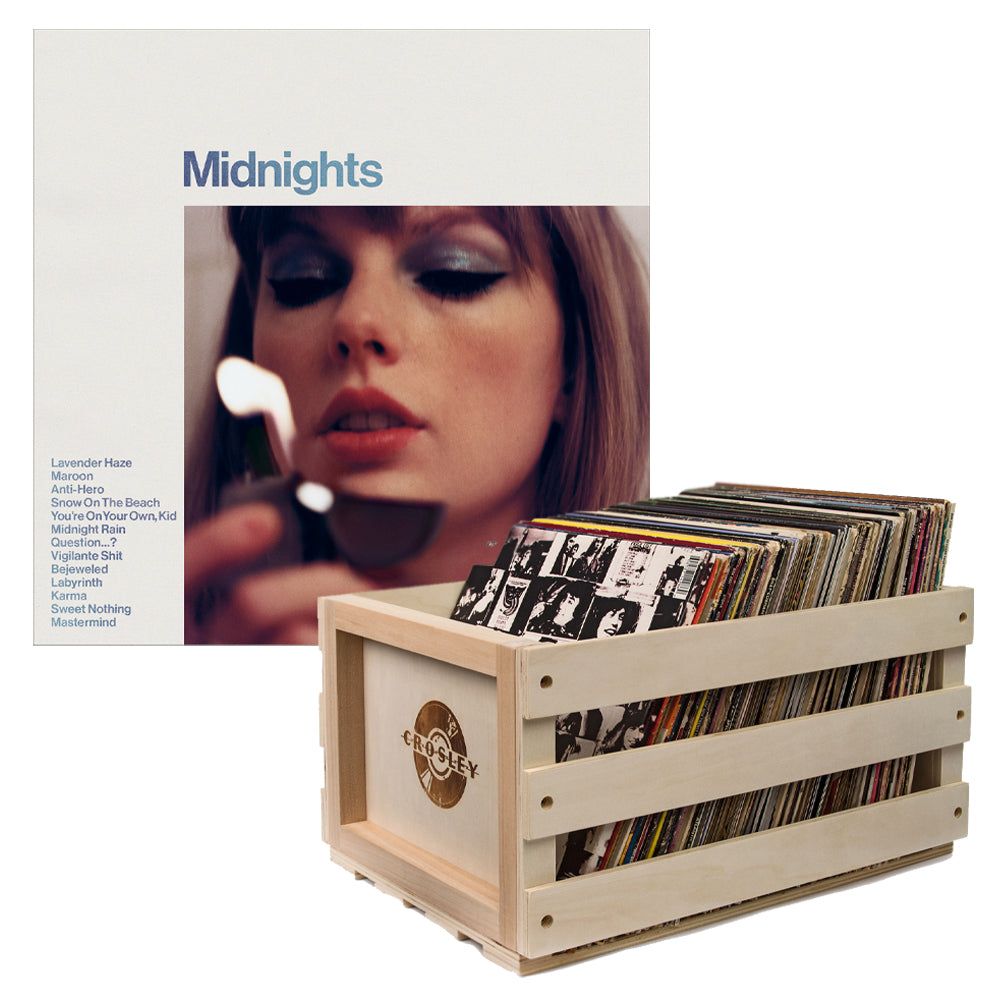 Crosley Record Storage Crate &amp; Taylor Swift Midnights Vinyl Album Bundle Moonstone Blue