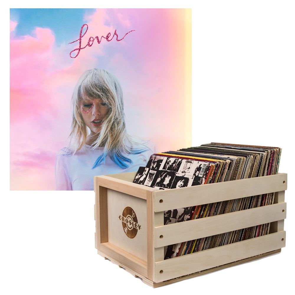 Crosley Record Storage Crate &amp; Taylor Swift Lover 2P Vinyl Album Bundle