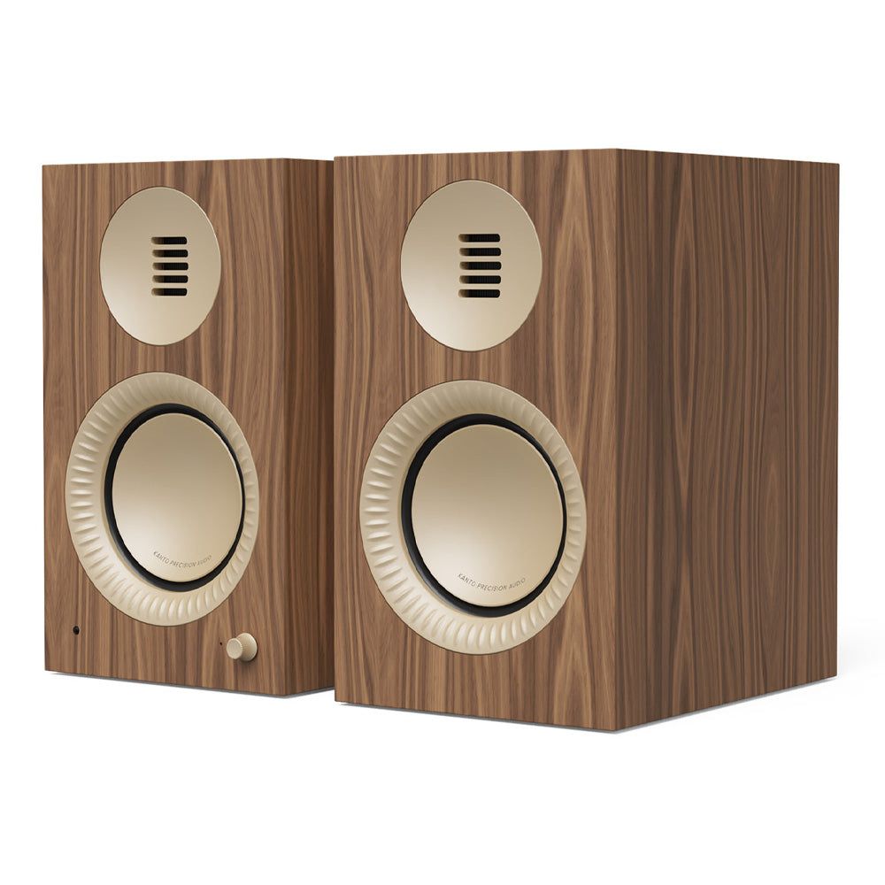 Kanto TUK Grand 320 W Premium Powered Speaker System with Bluetooth® 5.4, Dual RCA and USB-C Inputs, Matte Walnut w/ Rose Gold